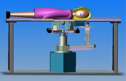 The schematic shows a woman on a table face down with the breast examinign equipment underneath the table.