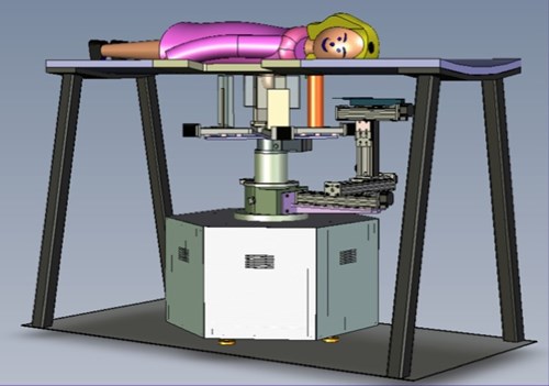 Chematic shows a woman laying on atable with the imaging equipment below the table