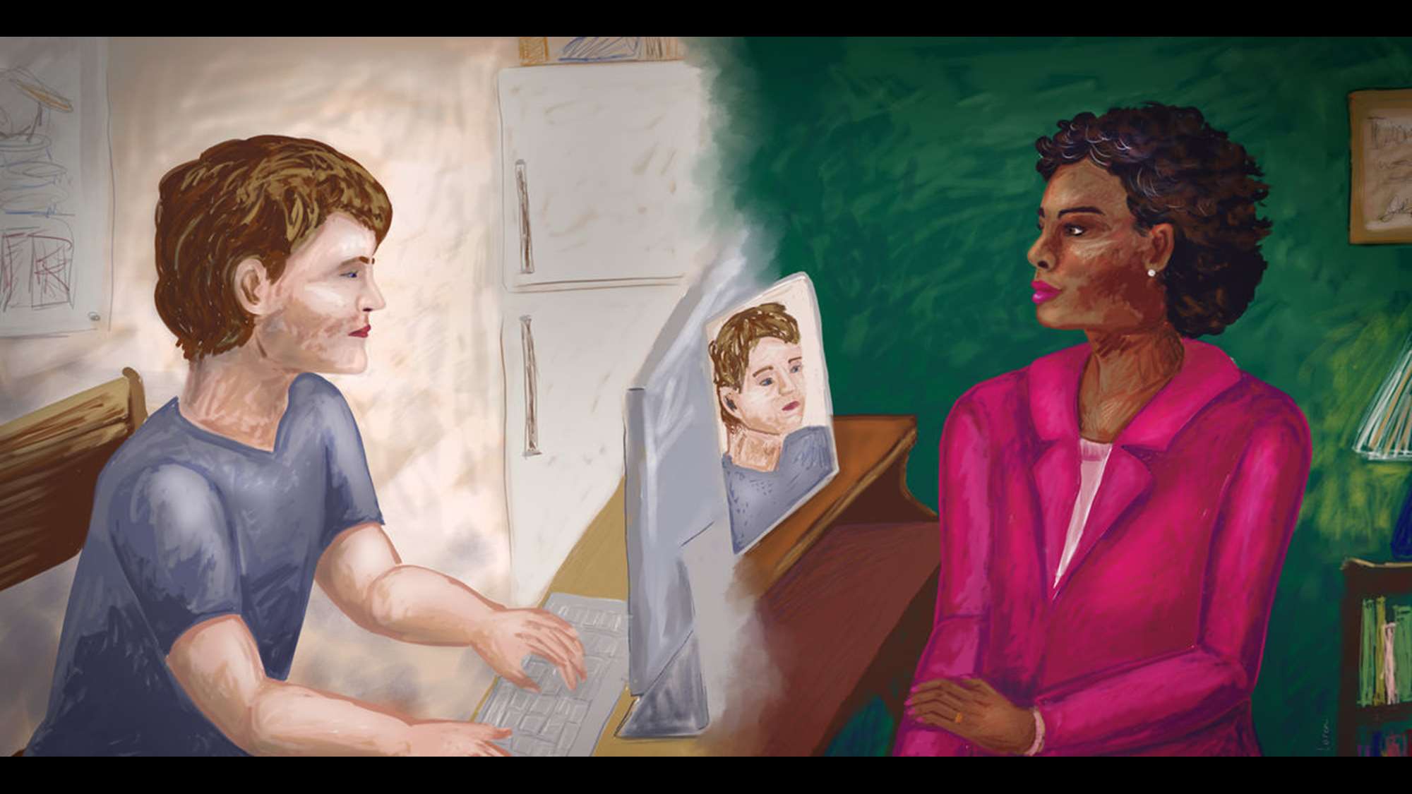 Illustration of telepsychiatry appointment through computers
