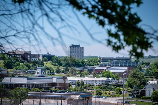 A landscape view of the West Virginia University campus.