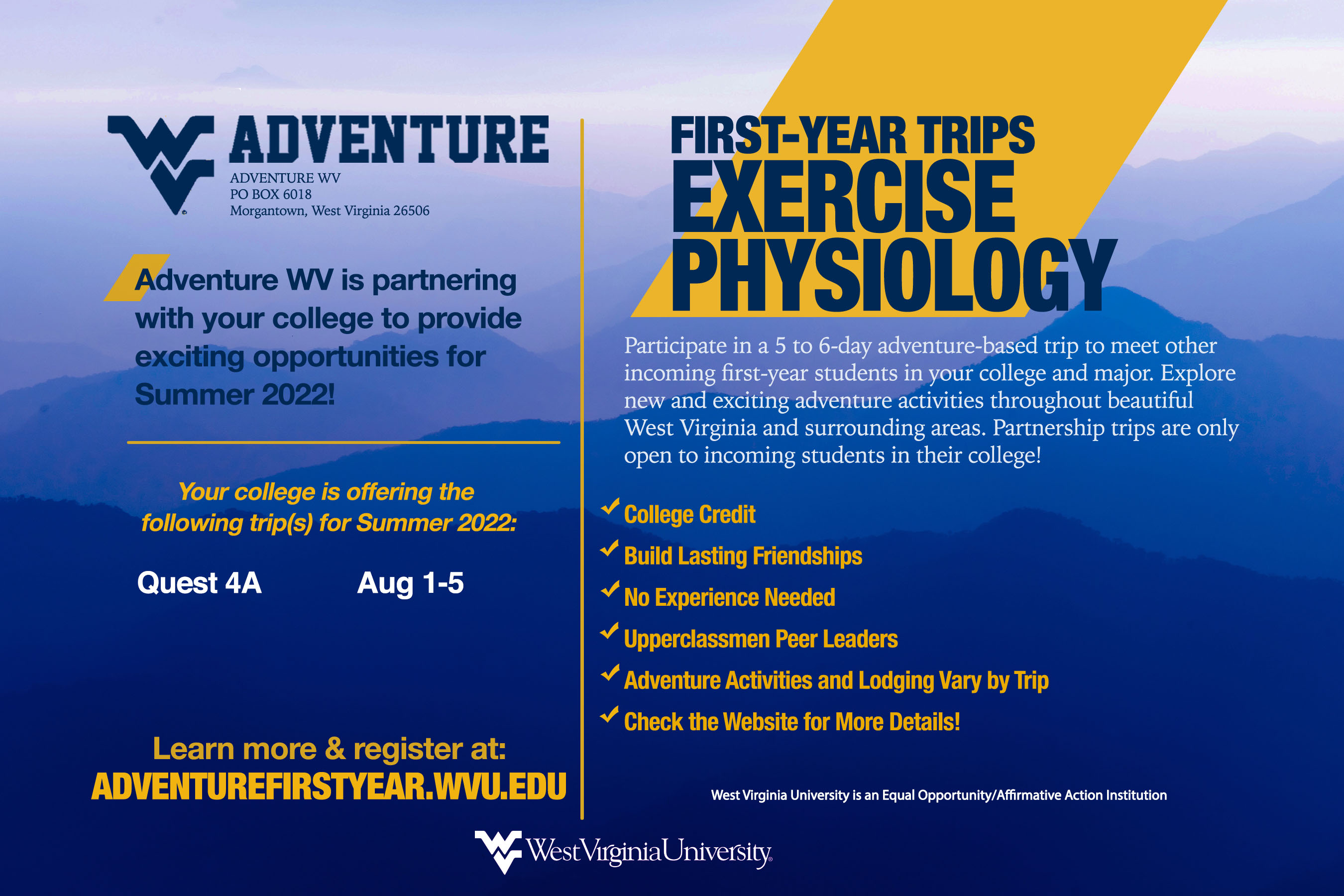 Back of Adventure WV flyer about first-year trips for Exercise Physiology students