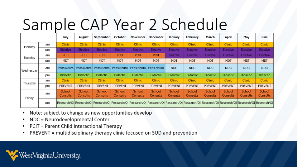 This is a sample CAP Year 2 Schedule in a tabular format showing a Monday through Friday schedule across all twelve months of the year including both AM and PM entries across the table.