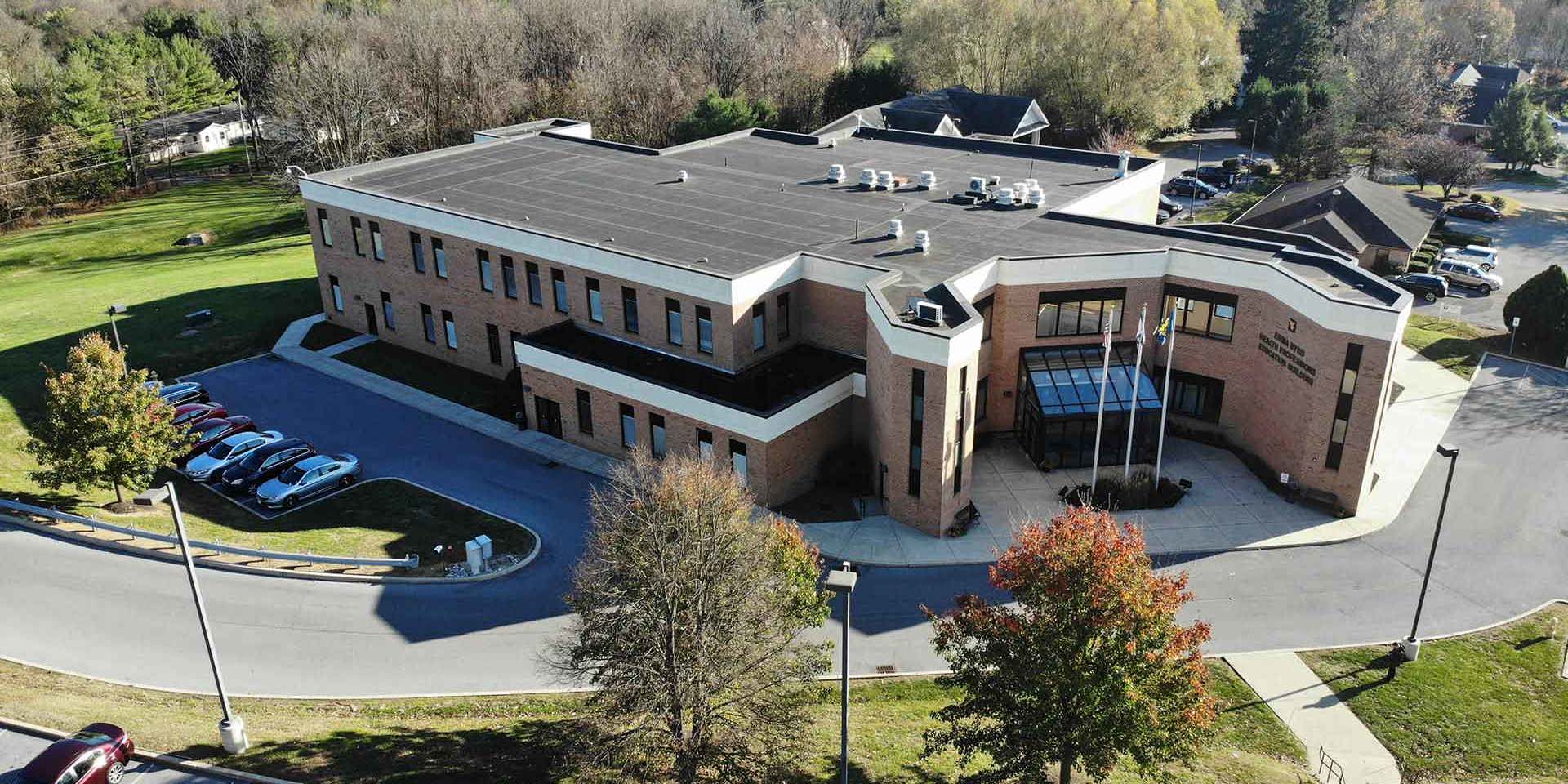 This is an arial shot of the HSC eastern campus building in the fall time.